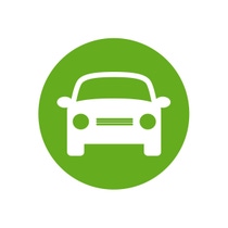 Icon of a white car viewed from the front, centered in a green circle on a white background.
