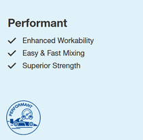 Image showing the benefits of the product. Written: Performant: enhanced workability, easy & fast mixing, superior strength Image showing the benefits of the product. Written: Performant: enhanced workability, easy & fast mixing, superior strength