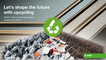 Image showcasing BASF's upcycling initiative. Features recycled materials like fibers and paper alongside wood panels, with a recycling symbol emphasizing sustainability." The headline says: "Let´s shape the future with upcycling". Image showcasing BASF's upcycling initiative. Features recycled materials like fibers and paper alongside wood panels, with a recycling symbol emphasizing sustainability." The headline says: "Let´s shape the future with upcycling".