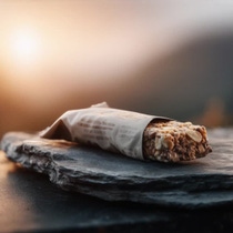 A granola bar partially unwrapped rests on a flat rock, with a soft-focus sunrise in the background.