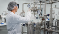 Laboratory technician filling a plastic bottle with liquid polymer during industrial materials testing.