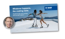 Cover image for Acronal® 5230 X slide deck: two people roller skating on a white flat roof with mountains and water in the background. Text reads ‘Whatever happens, the coating lasts. Redefining flat roof coatings with Acronal® 5230 X.’ BASF logo with tagline ‘We create chemistry’ in the top right.
