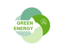 Overlapping green circles form a flower-like shape with "green energy" text. A small leaf and plug icon symbolize sustainability and eco-friendly energy.
