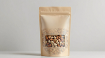 Stand-up pouch made from flexible packaging with dried nuts inside.