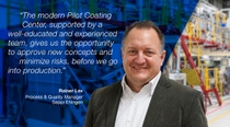 The picture shows a man wearing a white shirt and a dark blazer. In the background ther is the pilot coating center. On the left side of the image, there is a blue overlay with a white text quote that reads: "The modern Pilot Coating Center, supported by a well-educated and experienced team, gives us the opportunity to approve new concepts and minimize risks, before we go into production."
Below the quote, the name and title are displayed: Rainer Lex, Process & Quality Manager Sappi Ehingen. The picture shows a man wearing a white shirt and a dark blazer. In the background ther is the pilot coating center. On the left side of the image, there is a blue overlay with a white text quote that reads: "The modern Pilot Coating Center, supported by a well-educated and experienced team, gives us the opportunity to approve new concepts and minimize risks, before we go into production."
Below the quote, the name and title are displayed: Rainer Lex, Process & Quality Manager Sappi Ehingen.