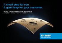 Curved wood fiberboard with craters against a dark background; blue text reads, "A small step for you. A giant leap for your customer." BASF blue logo below.