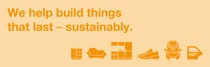 Light orange background with orange text saying, 'We help build things that last – sustainably.' Icons of furniture, a shoe, a packed car, and a car door below.
